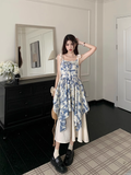 Amozae-dress to impress party dress nye outfits Oil painting floral suspender dress women's summer stitching fake two piece skirt YM1190