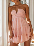 Amozae-nye outfits back to school dress  Halter Neck Flowy Layered Mini Dress