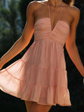 Amozae-nye outfits back to school dress  Halter Neck Flowy Layered Mini Dress