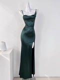 Amozae-Cyber Monday Christmas party outfits Sexy Mermaid Sleeveless Green Satin Long Prom Dress B345