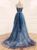 Amozae-Cyber Monday Christmas party outfits Elegant Ball Gown Straps Long Tulle Blue Prom Dress B492