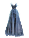 Amozae-Cyber Monday Christmas party outfits Elegant Ball Gown Straps Long Tulle Blue Prom Dress B492