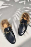 Amozae-Rabbit Fur Lined Leather Loafer Mules