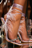 Amozae-Rhinestone Feather Tie-up Square Toe Sandals