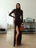 Amozae-new years eve outfits Christmas party outfits Elegant Turtleneck Thigh High Split Sexy Maxi Dress Women Fashion Long Sleeve Draped Robes Autumn Bandage Bodycon Party Dresses