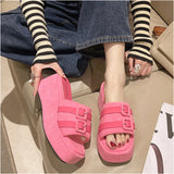 Amozae-Square Head Platform Slippers Belt Buckles Corduroy Open-toe Women Sandals Summer New 2023 Designer Shoes Fashion Wedge Sandals