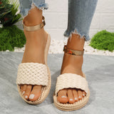 Amozae-Fashion Braided Summer Slippers for Women Plus Size Solid Color Woven Flat Sandals Woman Lightweight Non Slip Beach Flip Flops