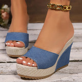 Amozae-Fashion Blue Denim Wedge Sandals for Women Peep Toe Chunky Platform Slippers Woman 2025 Summer Comfort Thick Sole Beach Slides