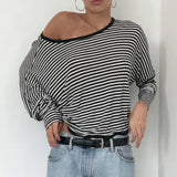 Amozae Open Back Striped Top Women Stylish Chic Long Sleeve Oversized Y2K Tshirt Casual Sexy Fashion O-neck Tee Streetwear