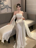 Amozae-French Romantic White Wedding Dress Elegant Hollow Out Backless Evening Party Dresses Women Summer Off Shoulder Robe Mujers