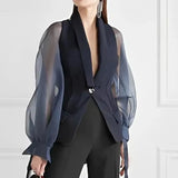 Amozae-Blazer Suits Top for Women Lapel V-neck Puff Sleeve Buttoned Shirt & Blouse for Urban Female Spring and Summer Tops