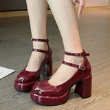 Amozae-2025 High Heels Women's Spring Autumn Pumps Shoes Red Black Retro Thick Soled  Jane  Ankle Buckle 9cm Chunky