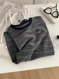 Amozae-Autumn Casual Outfits Amozae-Snowflake Cotton Striped T-shirt Women White Navy Blue Round Neck Embroidered Thick Base Shirt