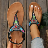 Amozae-Beaded Decor Bohemian Flat Sandals for Women Summer 2025 Elastic Band Clip Toe Rome Sandals Woman Soft Sole Non Slip Beach Shoes