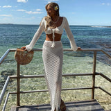 Amozae- Womens Summer 2PCS Outfit Bikini Cover-ups Sets Long Sleeve Tie Up Crop Tops+White Long Knit Hollow Tassels Skirt Suit
