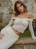 Amozae-A Fashion Skirt Two Piece Set For Women Off-shoulder Sheer Long Sleeve Crop Tops And Long Skirt Sexy Two Piece Sets
