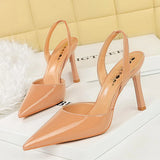 BIGTREE 2024 Spring Shoes Nude Heels Women Pumps Patent Leather Shoes Banquet Strap Hollow Women Thin Heels SLIP ON Sandals