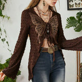 Amozae Vintage Lace-up Women Shirt Grunge Butterfly Print V Neck Female Long Sleeve Cardigans Top Elegant 2000s Tee Shirts