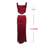 Amozae Wine Christmas Dress Women Satin 2 Piece Dress Set Elegant Bodycon Corset Cropped Top and Long Skirt Women Clothing