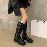 Amozae-Square Toe Women Western Cowgirl Boots Fashion Belt Buckle Knight Long Booties Autumn Winter Female Low Heel Shoes