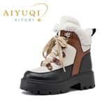 Amozae Women Snow Boots Genuine Leather 2025 New Platform Winter Women Ankle Boots Large Size Warm Lace-up Women Marton Booties