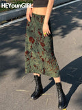 Amozae Vintage Long Skirt Green Floral Print Women Y2K High Street Grunge Fashion Elegant Mid-Calf Skirt Autumn Winter 2023