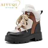 Amozae Women Snow Boots Genuine Leather 2025 New Platform Winter Women Ankle Boots Large Size Warm Lace-up Women Marton Booties