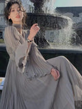 Amozae-Christmas Outfit New Year's Eve Dress party look inspos French Pleated Long Sleeve Dresses for Women 2024 Elegant V Neck Flare Sleeve Ruffles Midi Vestiods Mujer Autumn Vintage Clothes