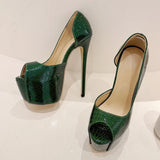 Amozae 2024 New Green Snake Print Leather Platform Pumps Women Sexy Slingback Peep Toe Extreme High Heels Strip Pole Dance Shoes