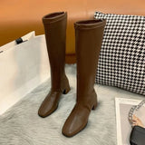 Amozae-2024 Fashion Women  Black Block High Heels Long Boots New Winter Warm Knee High Boots Soft Leather Thigh High Boots Shoes