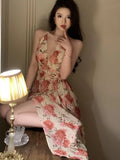 Amozae-Summer Sexy Beach Style Party Dress Women Korean Casual One Piece Sleeveless Floral Long Dress Lady V-neck Outwear