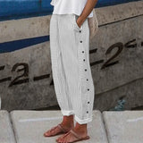 Amozae-Women's Summer Striped Pants Elastic Waist Pockets Side-Buttoned Straight Trousers Female Casual Bottoms 2024 New