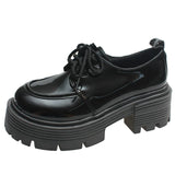 AMOZAE- - Sophisticated Style Black Patent Leather Oxford Chunky Platform Pumps