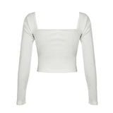 Amozae Basic White Long Sleeve Fitted Crop Top Lace Trim Square Collar Knitted Casual Tshirt Autumn Minimalism Street Outfit