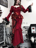 Amozae-new years eve outfits Christmas party outfits Autumn Red Vintage Dress Women Lace French Retro Elegant Evening Party Dress Female Long Sleeve Chic Midi Dress Halloween 2024