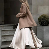 Amozae High Quality Half Length Skirt for Women In The 2024 Summer, Elegant and Elegant, High Waisted Satin Color Long Skirt