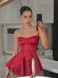 Amozae-new years eve outfits Christmas party outfits Chic Red Off-the-shoulder Backless Sleeveless Mini Dress Sexy Lace High Waist Slim Vestidos New Lady Cocktail Party Gown