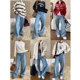 Amozae-Autumn Casual Outfits Amozae-Washed Light Blue High Waist Slimming Jeans, Plush Floor Mopping, Wide Leg