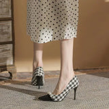 Amozae-New Women High Heels Dress Houndstooth Pumps Black Toe Costume Tweed Boat Pearls Designer Dress Work Shoes