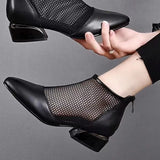 Amozae-New Arrive Summer Sexy Mesh Ankle Boots 2024 Pointed Toes Low Heels Ladies Short Boots Chunky Heels Spring Back Zipper Shoes