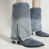 Amozae-Denim Women Western Cowgirl Boots Fashion Slip On Square High Heel Shoes Autumn Winter Women's Knight Booties