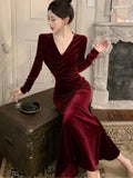 Amozae-Christmas Outfit New Year's Eve Dress party look inspos Elegant Velvet Evening Dresses Autumn Winter V-Neck Bodycon Mermaid Party Long Dress Solid Slim Waist Vestidos Women Clothing