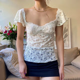 Amozae Women Square Collar Lace T-shirt Y2K Aesthetic Short Sleeve White Elegant Lady Tops Chic Semi-sheer Fitted Tee Shirts