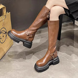 Amozae-2024 New Winter Denim Boots Women's Retro Brown Belt Buckle Round Head High Boots  Boots Knee Length