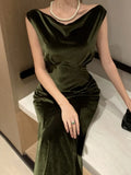 Amozae-Elegant Velvet Dress Women Sleeveless V-neck Wrap Hip Slim Mermaid Evening Party Prom Vestidos Mujer Solid Fashion Sexy Robe New