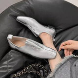 Amozae-Women Flat Shoes Genuine Leather Sheepskin Comfort Flats Slip On Silver Beige Simple Shoes Spring Autumn Soft Loafers Square Toe