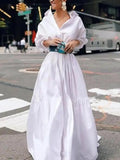 Amozae-Fashion Solid Color Lapel Pleated A-Line Shirt Dress Spring Summer Long Sleeves Loose Maxi Dresses For Urban Lady