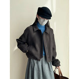 Amozae-Autumn Casual Outfits Amozae-Plaid Vintage Wool Jacket Loose Collar Casual Black Cotton Coat