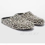 Amozae-Silver Big Diamond Round Toe Flat Slipper Women Bling Cover Mules Black Leather Sole Fashion Crystal Glitter Fashion Casual Shoe