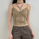 Amozae Lace V-Neck Camisoles Summer Women Retro Sexy Cropped Tanks Y2K Aesthetic Sleeveless Khaki Cute Skinny Vest Tee 2000s